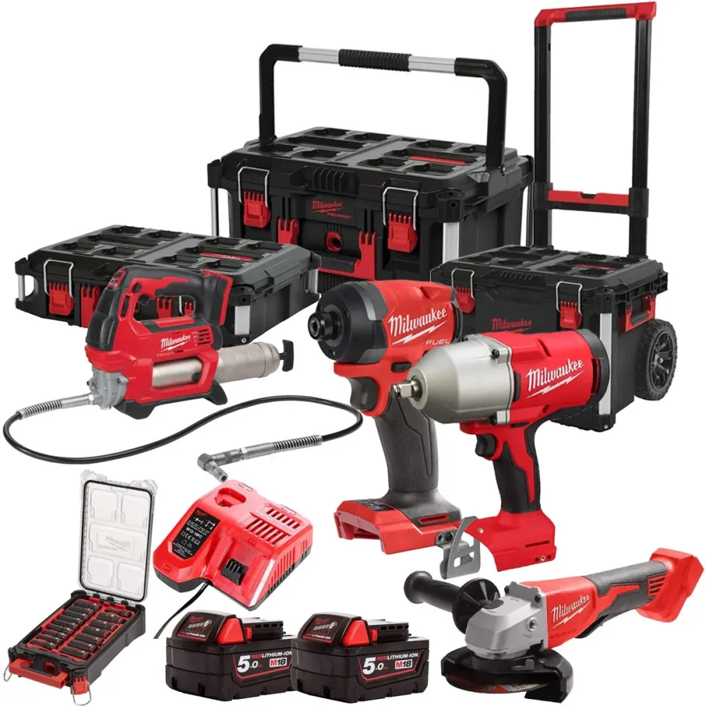 Haute Performance Milwaukee 18V 4 Piece Combo Kit 2 x 5.0Ah Battery, Charger, Socket Set & Packout Trolley Toolbox