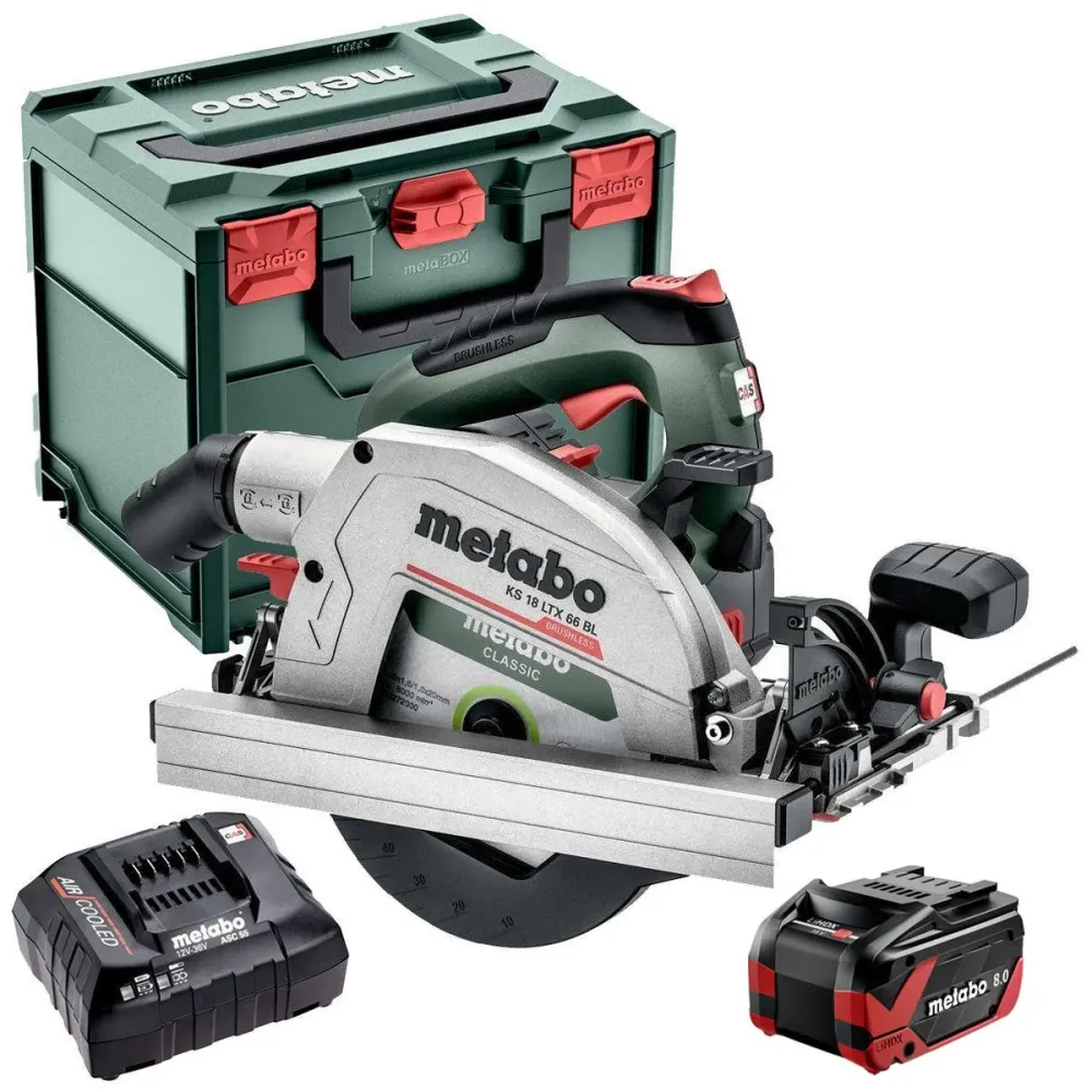Housse de protection quad Metabo KS 18 LTX 66 BL 18V Brushless 165mm Circular Saw 1 x 8.0Ah Battery Charger & Metabox