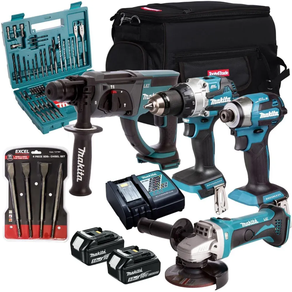 Makita 18V 4 Piece Combo Kit 2 x 5.0Ah Battery Charger & Accessories Set T4TKIT-17236 avec mousses incluses