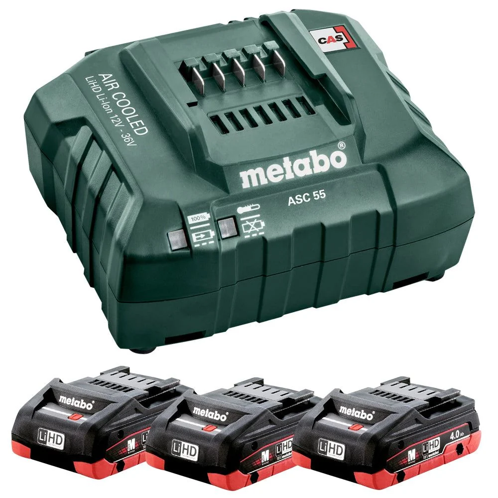 Metabo 685132380 18V Basique Set 3 x 4.0Ah LiHD Batteries ASC 55 Charger