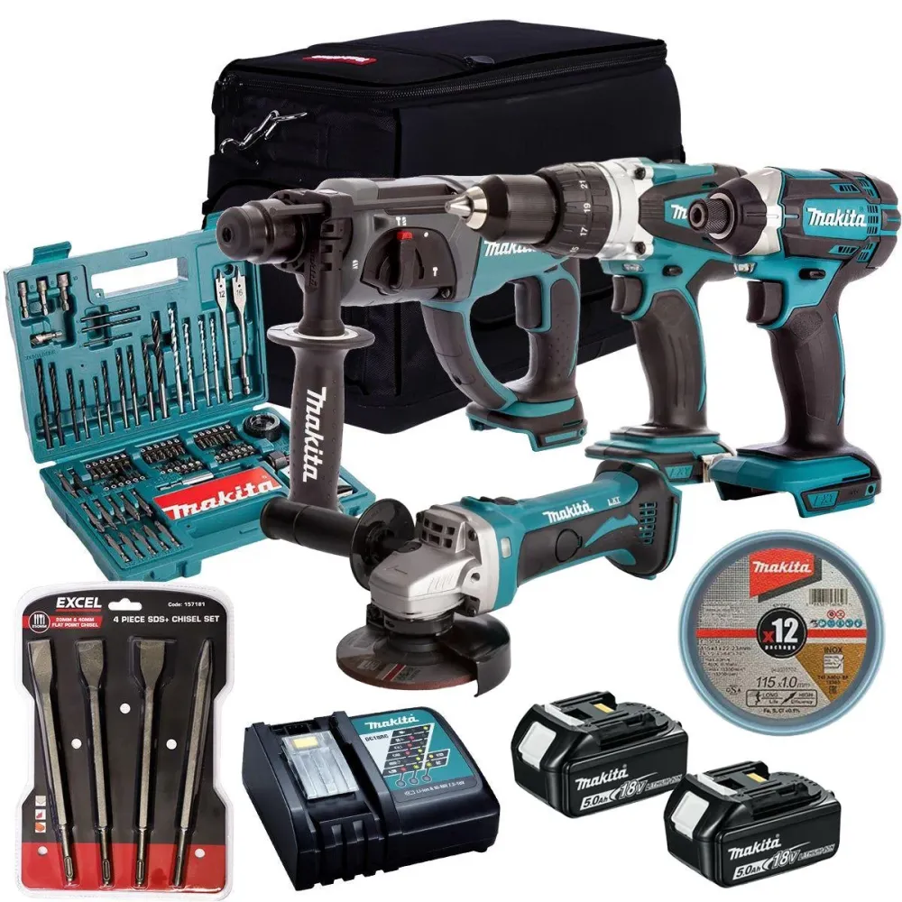 Porte-bagages scooter Makita 18V 4 Piece Combo Kit 2 x 5.0Ah Battery Charger & Accessories Set T4TKIT-17212