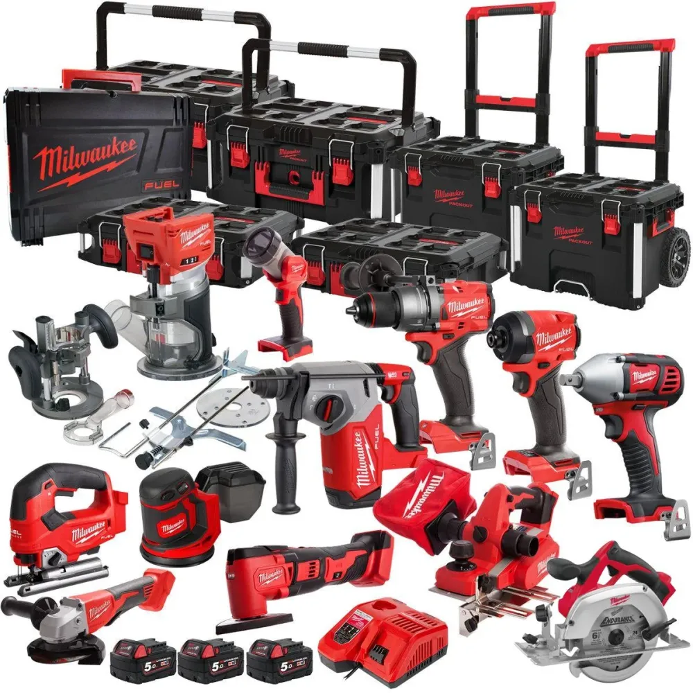Support smartphone Milwaukee 18V 12 Piece Power Tool Kit 3 x 5.0Ah Battery Charger & Trolley Toolbox
