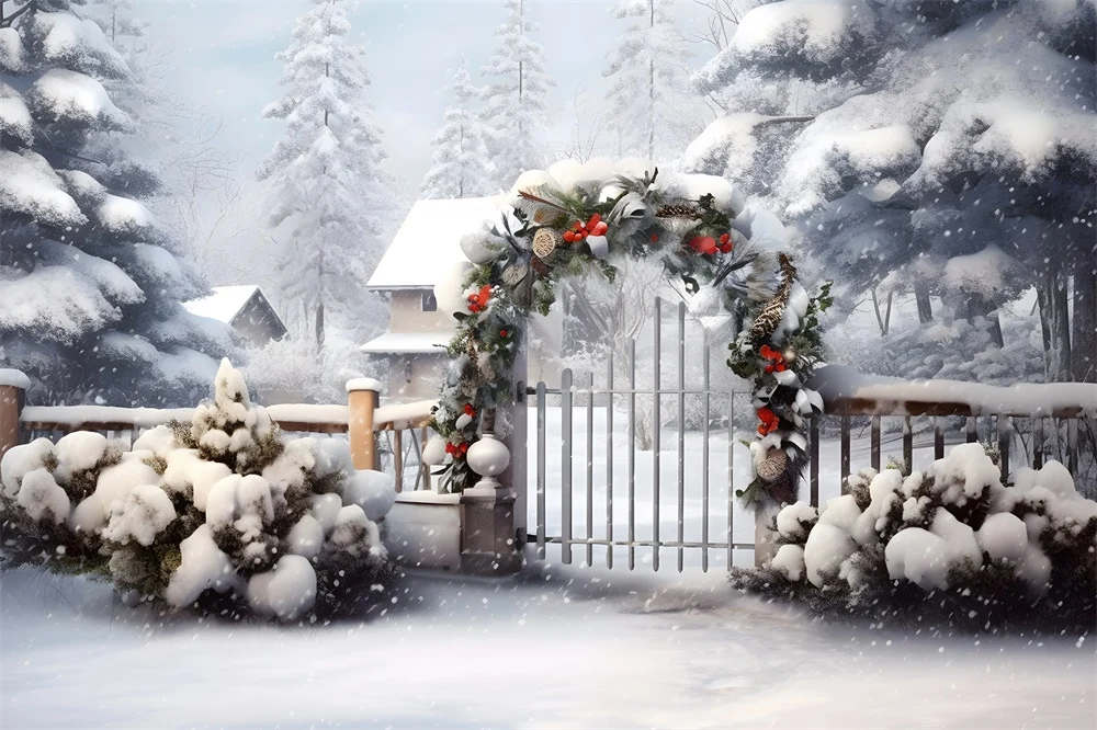 Toile de fond de Guirlande avec êt de Noël Neigeuse RR7-866