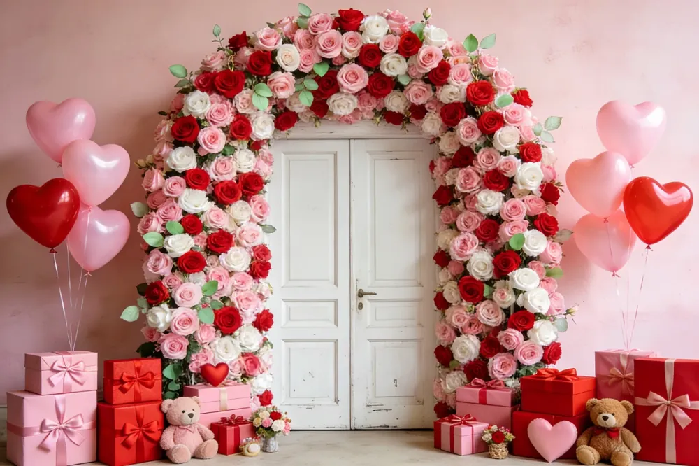 Arche florale Fond de Saint-Valentin Couronne de roses pour porte Cadeaux Ballons en forme de cœur Fond LXX512-53