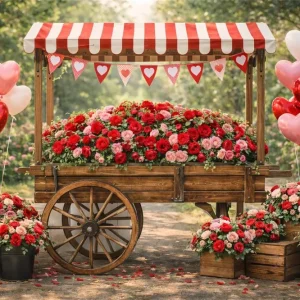 Fond avec ballons en forme de cœur Fond rustique avec chariot et roses Idées de fonds pour la Saint-Valentin LXX512-174