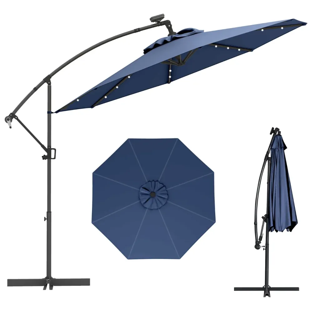 Parasol déporté 3m rotatif 360° avec 24 lumières led solaires inclinable et réglable en aluminium bleu sombre 20_0013012