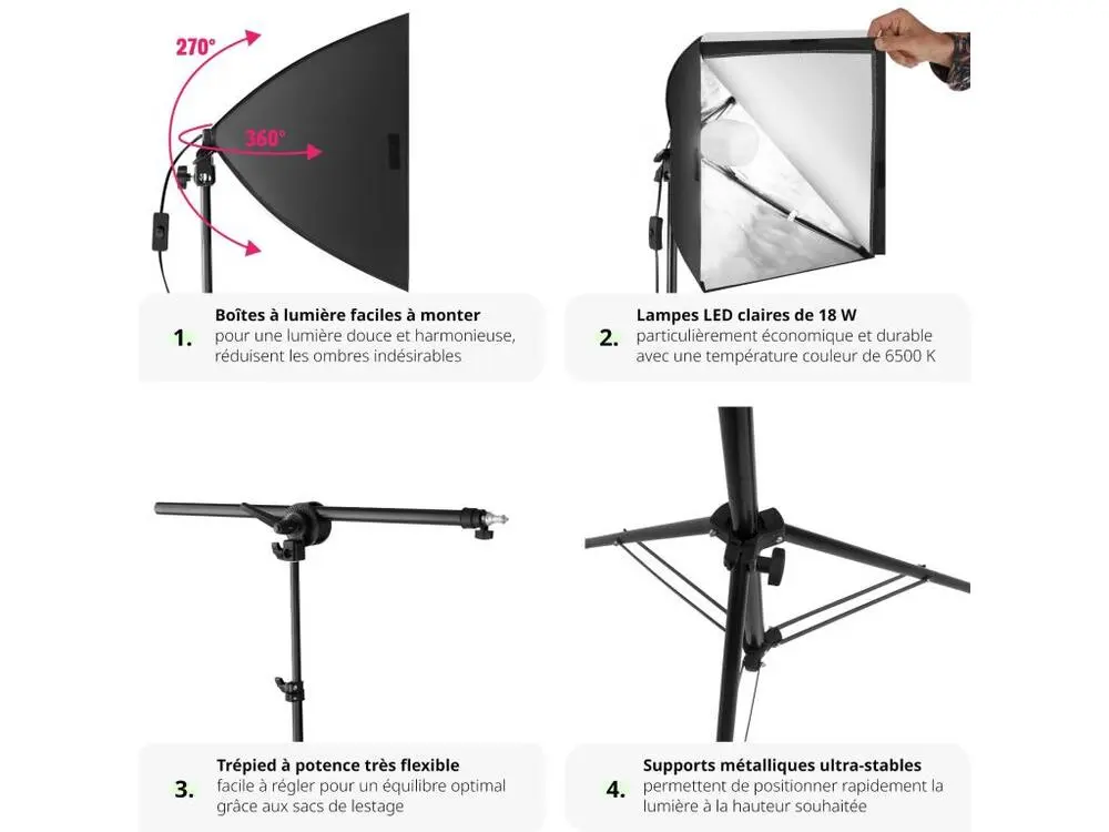 Kit éclairage studio 3 Lampes + Softbox + Trépieds Pour des prises d'intérieur et d'extérieur