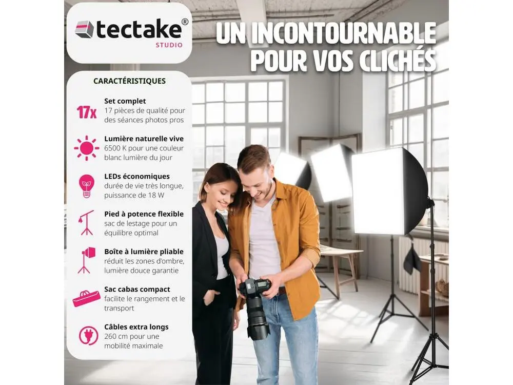 Kit éclairage studio 3 Lampes + Softbox + Trépieds Pour des prises d'intérieur et d'extérieur