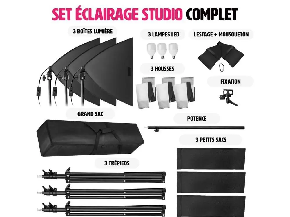 Kit éclairage studio 3 Lampes + Softbox + Trépieds Pour des prises d'intérieur et d'extérieur