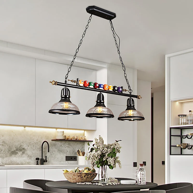 Kit de suspension rustique à 2/3 lumières en forme d'île noire en verre diaphane avec boules multicolores