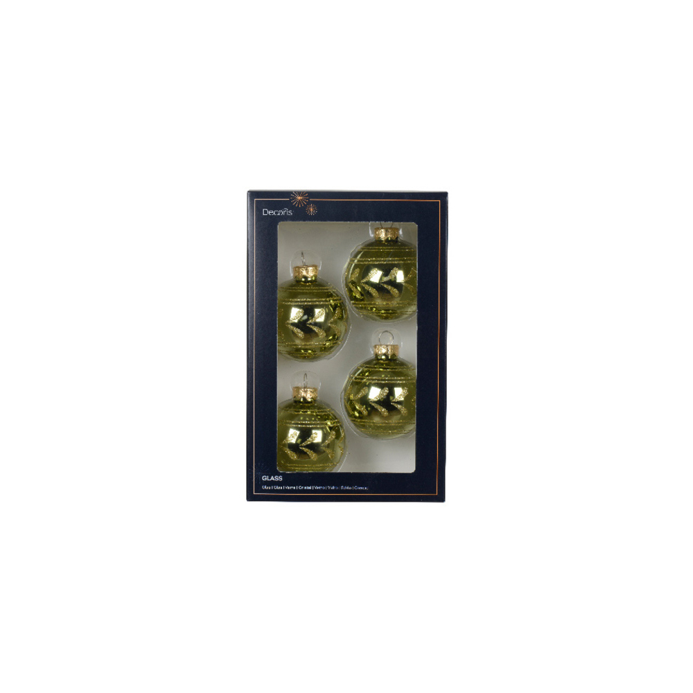 4 boules de Noël verre, motif pailleté, coloris champagne vert D.6cm