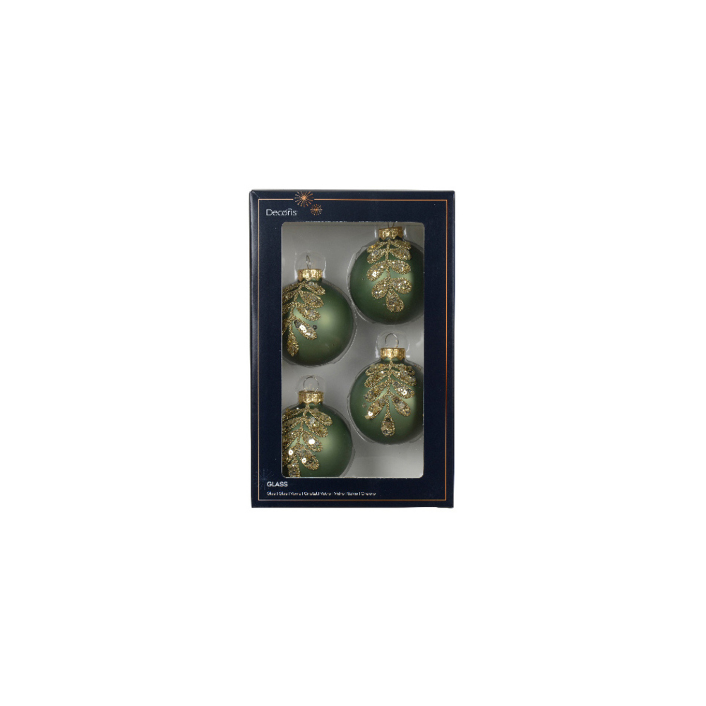 4 boules de Noël verre, motif pailleté, coloris champagne vert D.6cm
