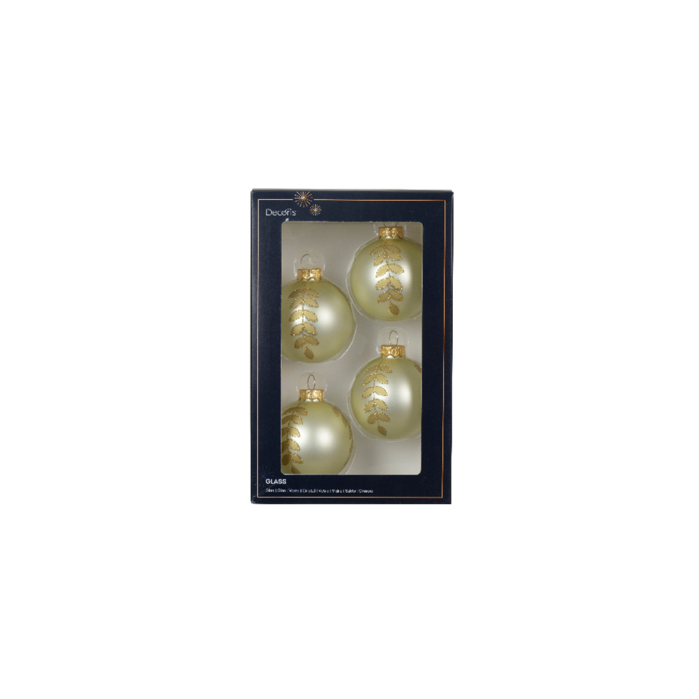4 boules de Noël verre, motif pailleté, coloris champagne vert D.6cm