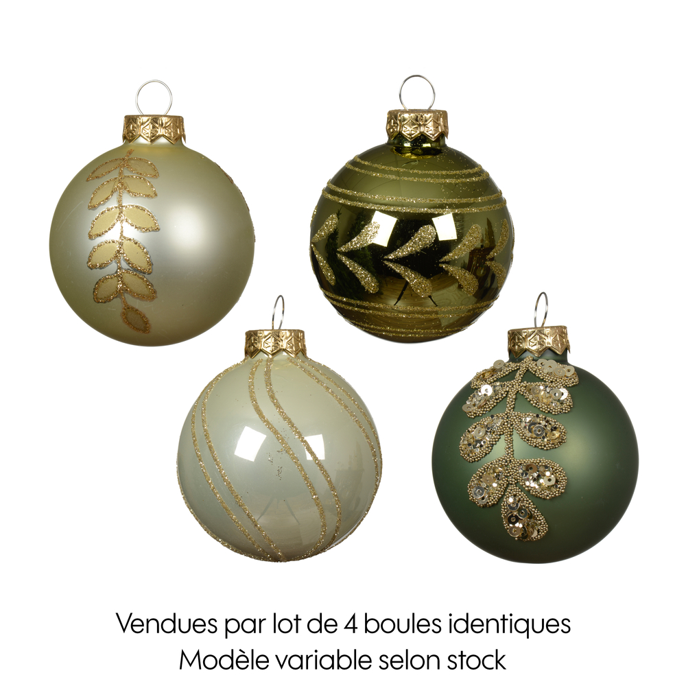 4 boules de Noël verre, motif pailleté, coloris champagne vert D.6cm