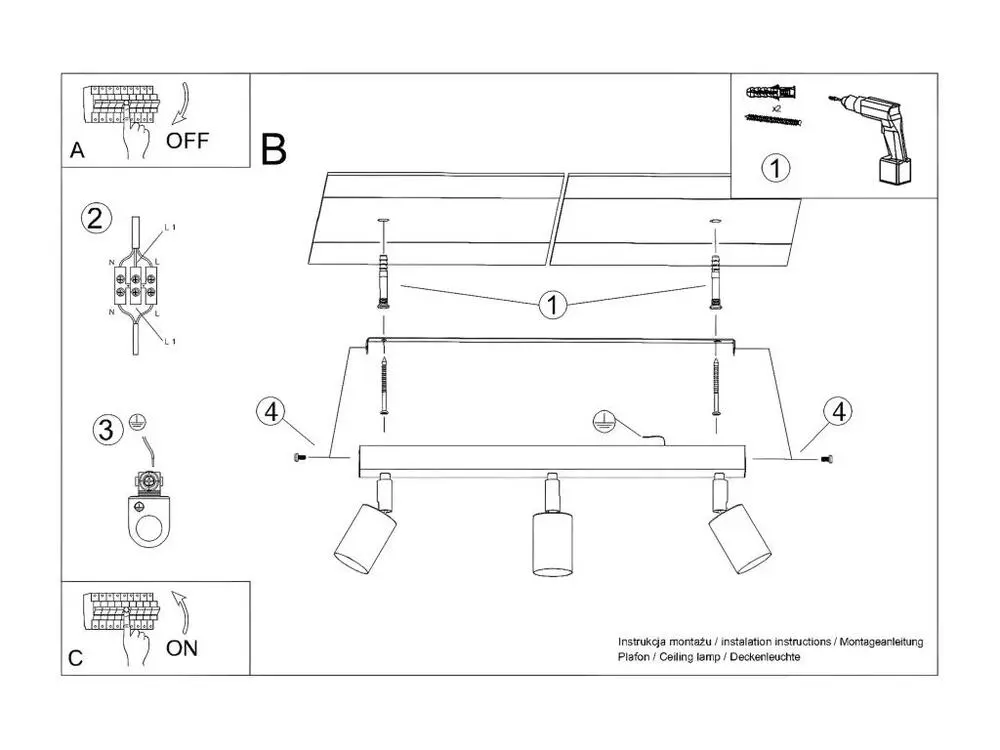 Plafonniers actuel en acier - 3 sources lumineuses - L.45 x H.18,5 cm - or noir