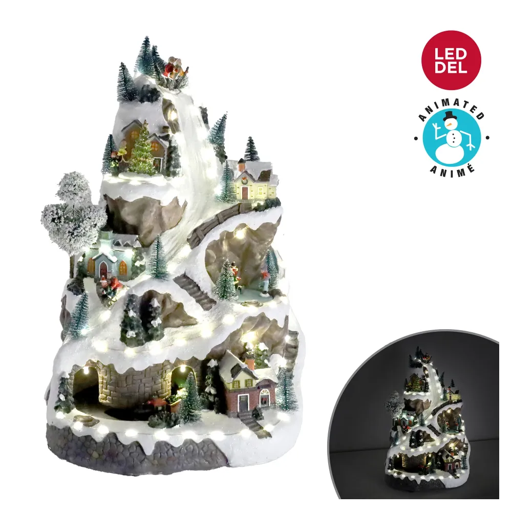Amortisseur arrière Village de Noël animé avec lumière DEL comportant un train, patineurs et arbres de Noël, 17''