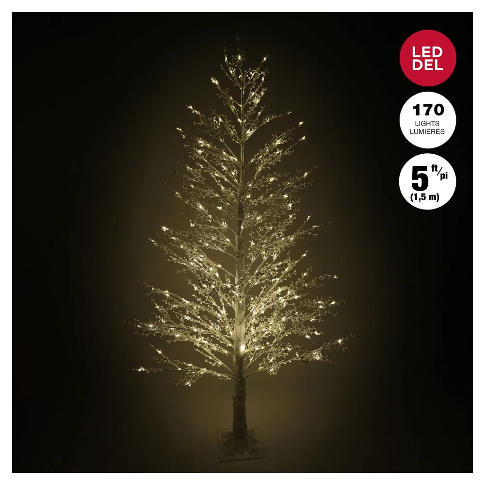 Arbre de style bouleau prééclairé à 170 lumières DEL blanc bouillant avec baies blanches, 5' (1,5 m)