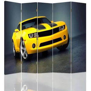 Paravent voiture jaune 5 volets - 180 x 180 cm - 1 face déco, 1 face noir - Montage Direct