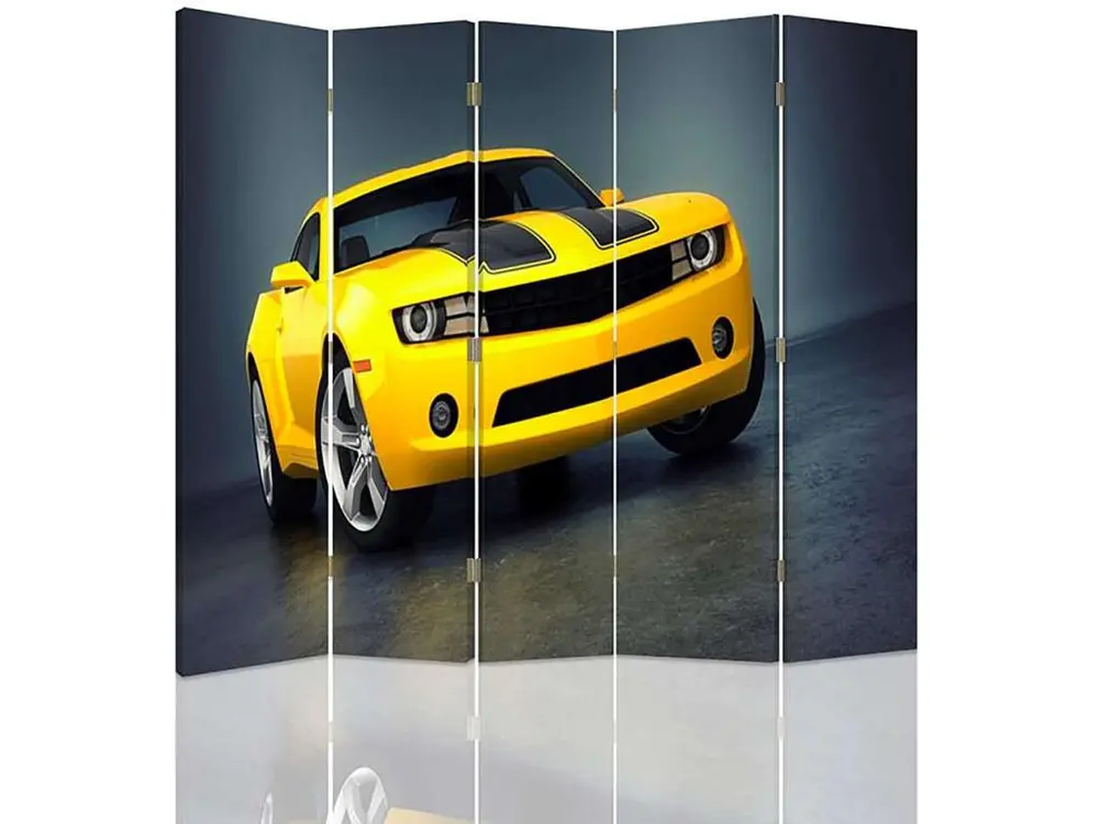 Paravent voiture jaune 5 volets - 180 x 180 cm - 1 face déco, 1 face noir - Montage Direct