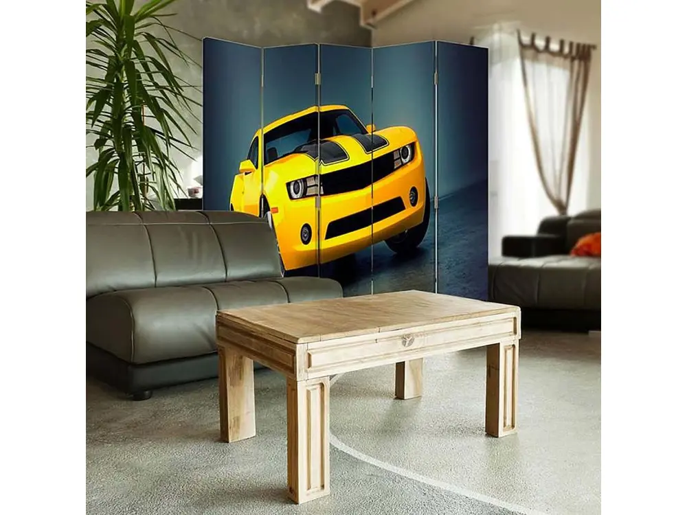Paravent voiture jaune 5 volets - 180 x 180 cm - 1 face déco, 1 face noir - Montage Direct