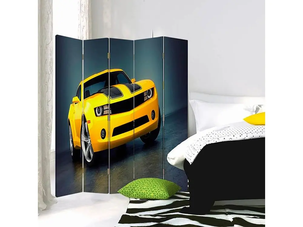Paravent voiture jaune 5 volets - 180 x 180 cm - 1 face déco, 1 face noir - Montage Direct
