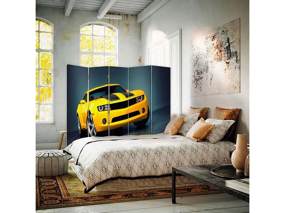 Paravent voiture jaune 5 volets - 180 x 180 cm - 1 face déco, 1 face noir - Montage Direct
