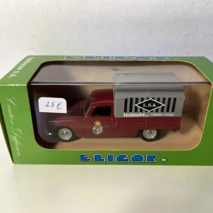 Pneu tout-terrain quad Peugeot 404 bâchée bordeaux et grise avec publicité L.S.. Leclanché SA d'Yverdon en Suisse (Eligor)