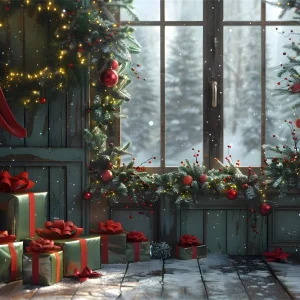 Toile de fond de Fenêtre avec Boîtes de Cadeaux de Noël RR7-854