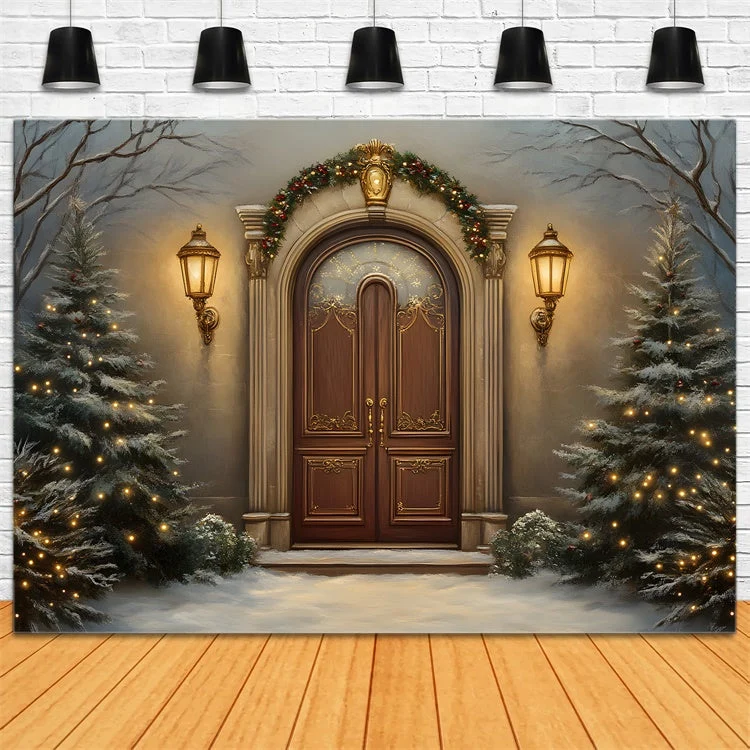 Toile de fond Noël Arbre Nuit Enneigée Entrée Vieux style par Magali