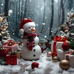 Toile de fond de Noël Bonhomme de Neige avec Cadeaux et Arbres RR7-684