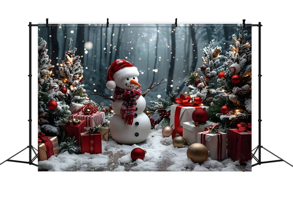 Toile de fond de Noël Bonhomme de Neige avec Cadeaux et Arbres RR7-684