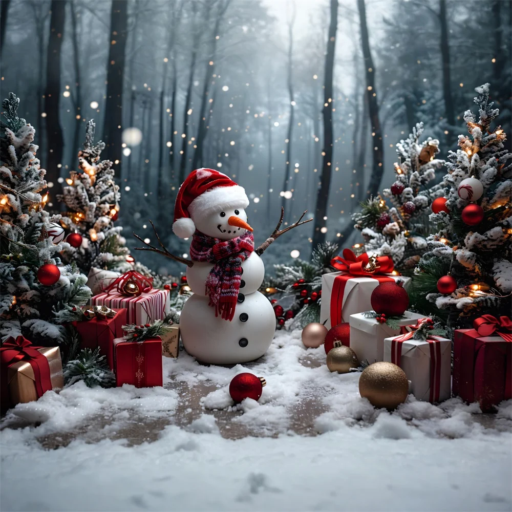 Toile de fond de Noël Bonhomme de Neige avec Cadeaux et Arbres RR7-684