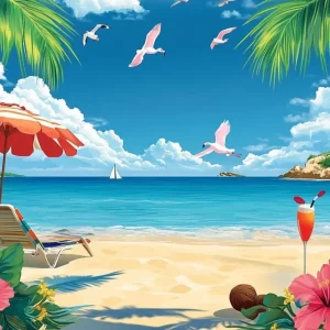 Toile de fond de Plage Été Flamants Roses Île Tropicale GTY3-304