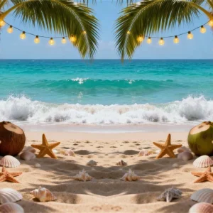 Toile de fond Plage Palmiers Nuit Guirlandes Lumineuses RR61-5