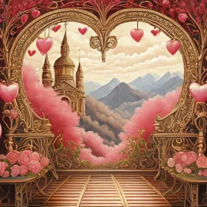 Toile de Fond Saint Valentin Arche de Cœurs Vue sur la Montagne BRP1-90