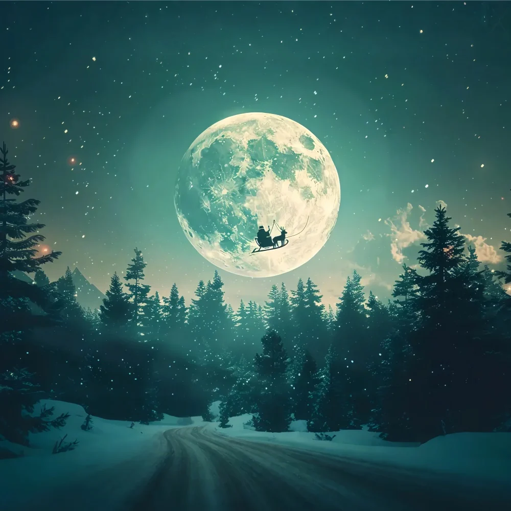 Toile de Fond Traîneau du Père Noël Volant sous la Lune de Noël BRP8-73