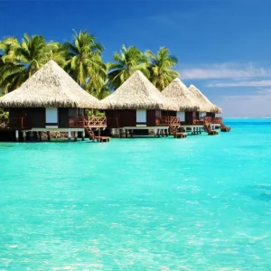 Toile de fond Été Île Tropicale Bungalow sur l'Eau GTY3-383