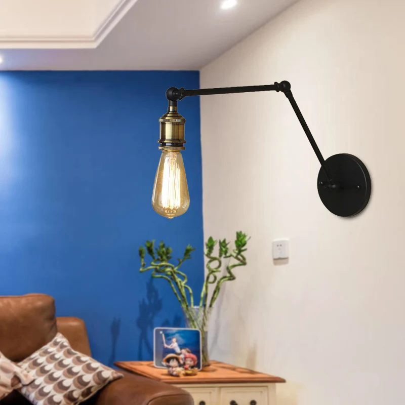 Applique industrielle à ampoule ouverte avec bras pivotant, applique murale métallique à 1 lumière en laiton/noir pour le...