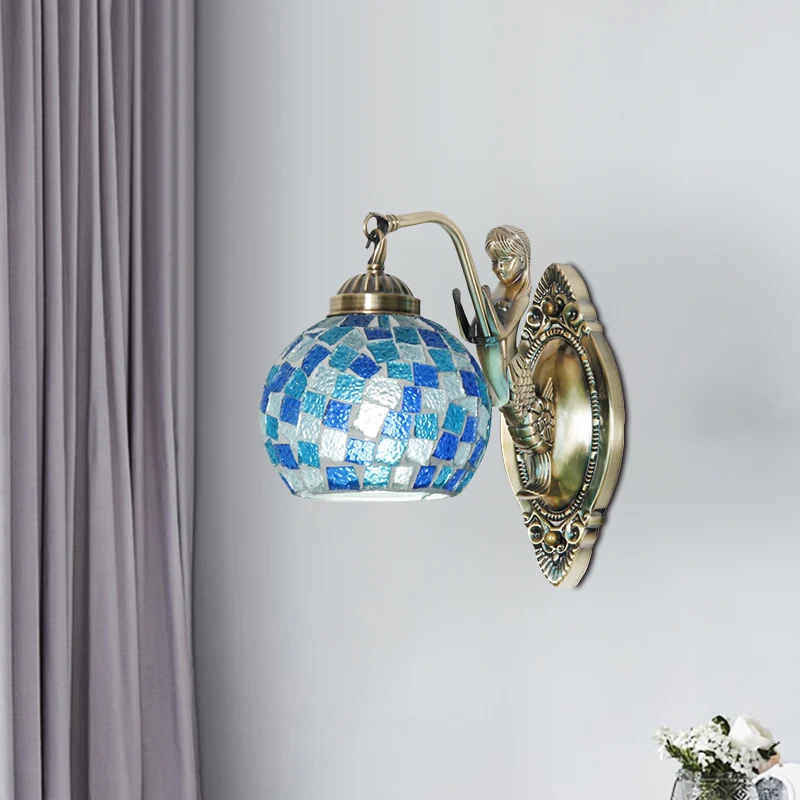 Applique murale Global en verre coupé Tiffany, 1/2 ampoule, lampe murale bleue avec motif sirène