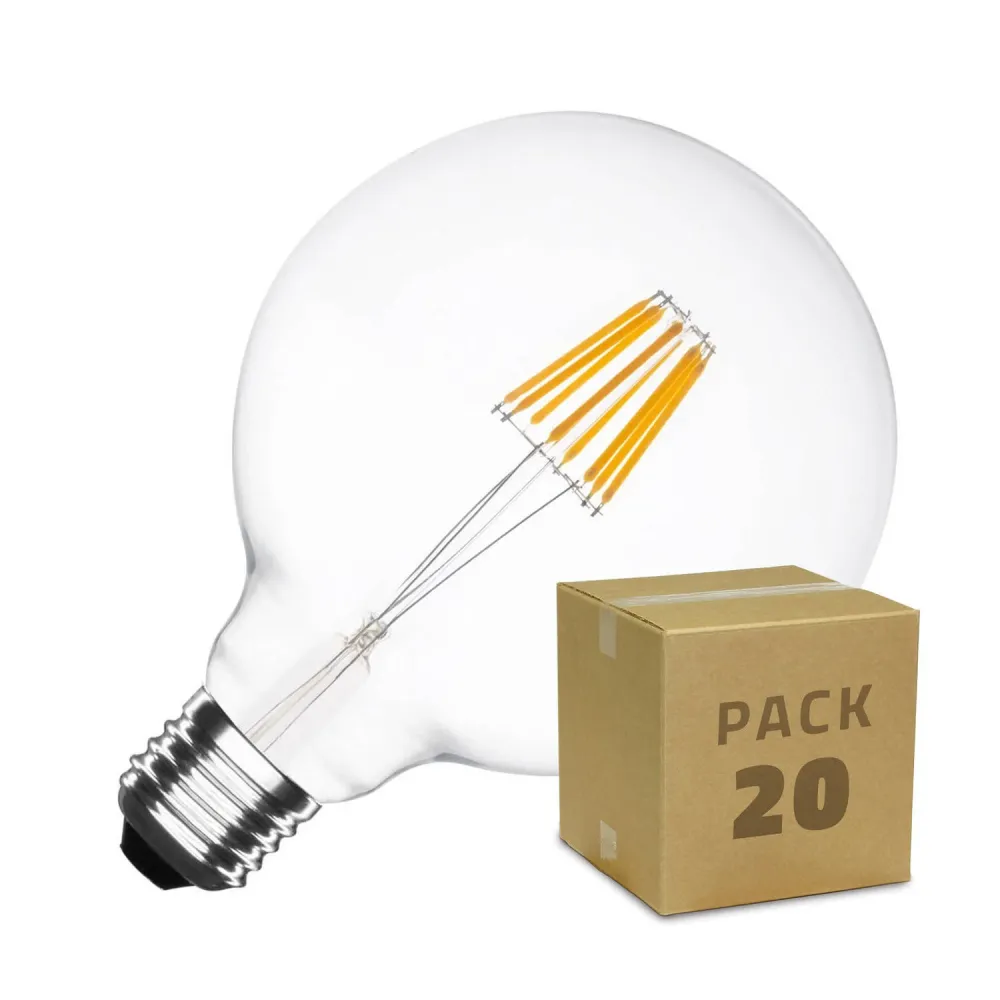 Boîte contenant 20 ampoules LED E27 dimmables à filament G125 5.5W blanc brûlant