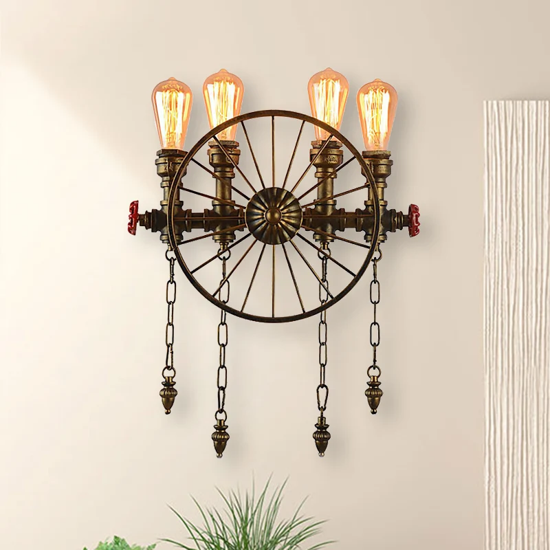 Éclairage mural à 4 lumières avec ampoule exposée, applique industrielle rustique en métal Bronze/argent pour salon
