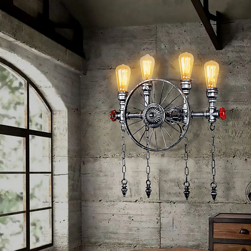 Éclairage mural à 4 lumières avec ampoule exposée, applique industrielle rustique en métal Bronze/argent pour salon