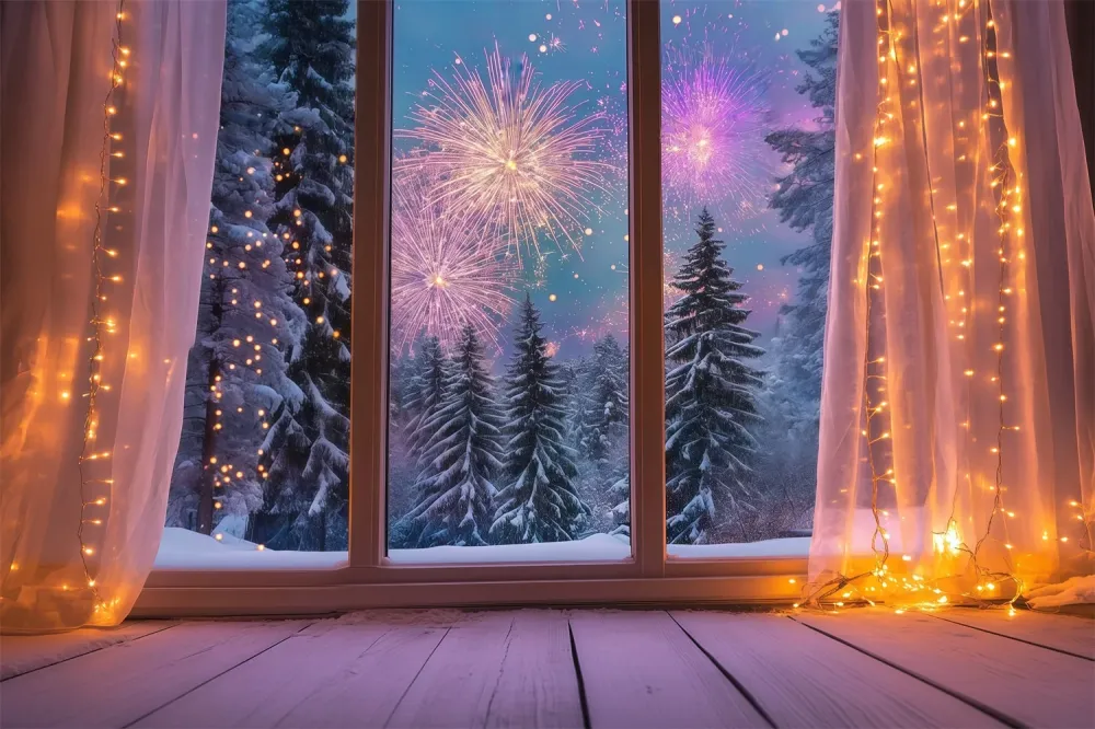 Fond pour le Nouvel Fenêtre hivernale chaleureuse Feux d'artifice Fond pour le réveillon du Nouvel LXX512-12