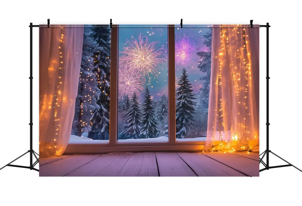 Fond pour le Nouvel Fenêtre hivernale chaleureuse Feux d'artifice Fond pour le réveillon du Nouvel LXX512-12