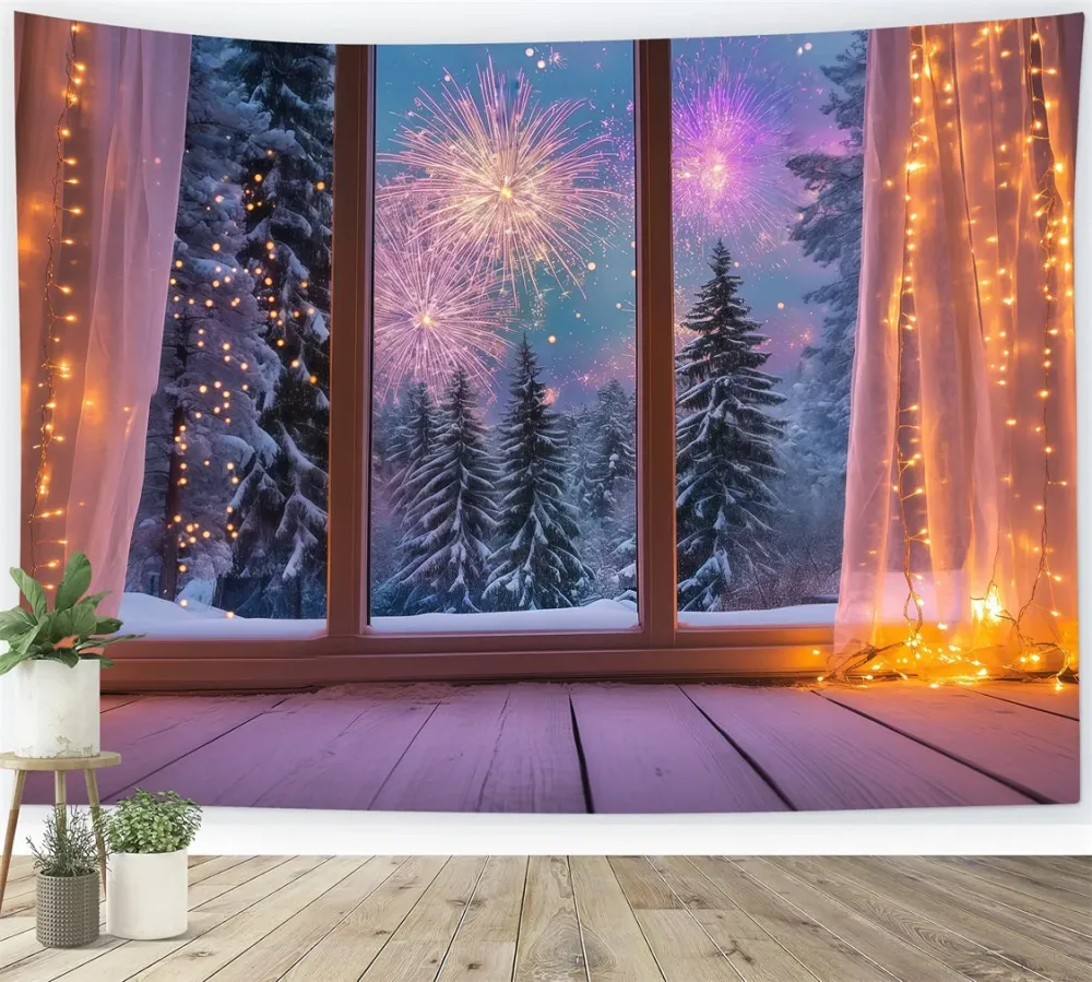 Fond pour le Nouvel Fenêtre hivernale chaleureuse Feux d'artifice Fond pour le réveillon du Nouvel LXX512-12