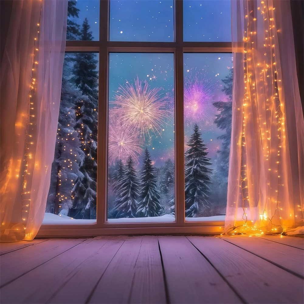 Fond pour le Nouvel Fenêtre hivernale chaleureuse Feux d'artifice Fond pour le réveillon du Nouvel LXX512-12