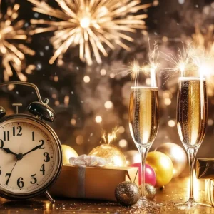 Fonds pour le Nouvel champagne compte à rebours horloge feux d'artifice paillettes dorées fond LXX512-7