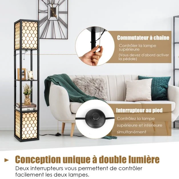Lampadaire avec etagères, lampadaire modernes avec 2 tablette de rangements base pour lampe e27 26 x 26 x 156cm 20_0005031