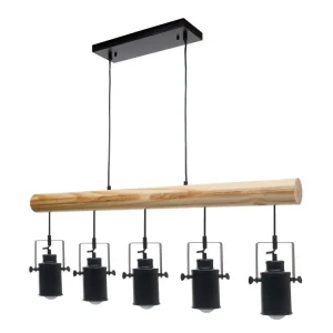 Lampe à suspension style industriel en métal et bois massif vieux industriel noir abat-jour à 5 spots 04_0003601