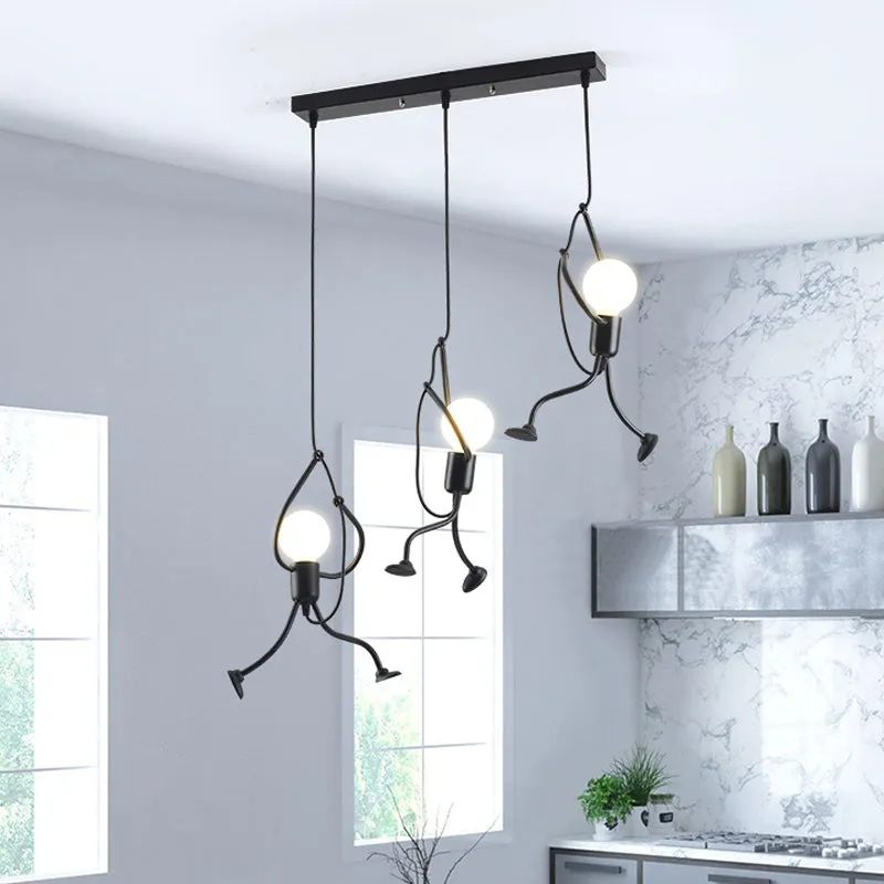 Luminaire suspendu en forme humaine en fer, lampe à suspension industrielle à 3 ampoules pour Restaurant en noir avec auve...